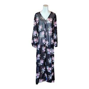 Mod/x Sheer Black Floral Maxi Dress Long Sleeve Boho Button Front Cover-Up L